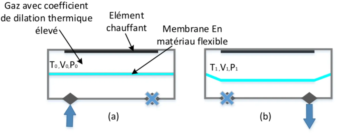 Figure 1.11 – Micropompe à actionnement TH-Pneumatique. (a) état initial de la mem- mem-brane (non déformée), élément chauffant non excité