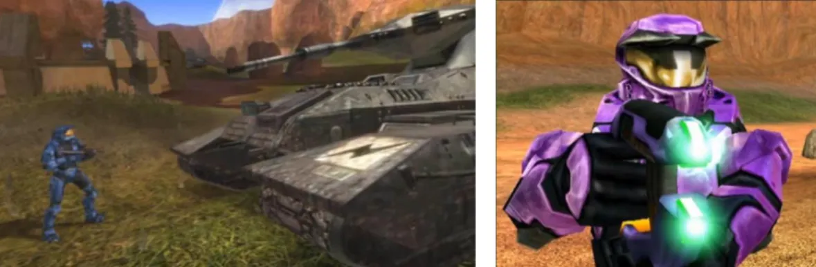 Figure 6 – Halo’s tank and plasma pistol are resemanticized in Red Vs. Blue  In these two examples – the montage and the fictional show – various formal devices  thus generate effects of deviation or distance from the source game, but these effects  can be