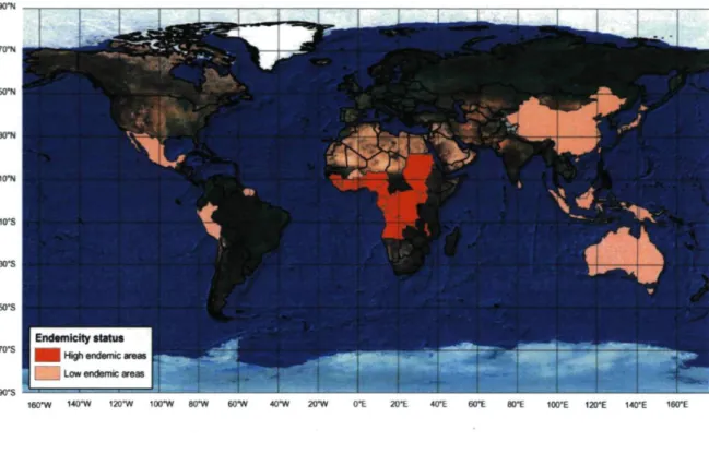 Fig. 1.3 : Les zones endémiques de l'ulcère de Buruli dans le monde [37] (source :  http://www.who.int/buruli/country/en/index.html) 