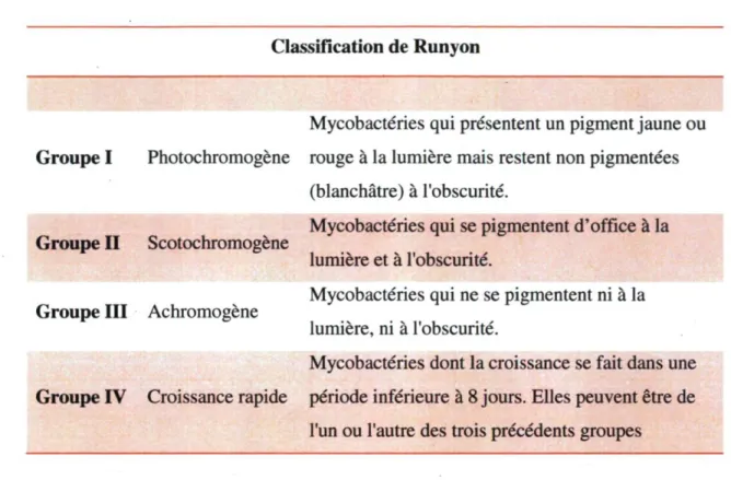 Tableau 1.1 : Classification de Runyon des mycobactéries 