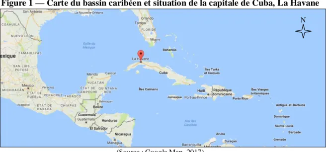 Figure 1 — Carte du bassin caribéen et situation de la capitale de Cuba, La Havane 
