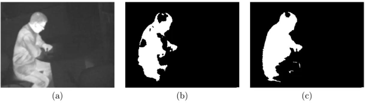 Figure 2: Comparison of the eects of modifying the updating mask: (a) infrared input image, (b) segmentation map of the original version of ViBe, (c) segmentation map obtained when the updating mask inhibits samples diusion across contrasted background bor