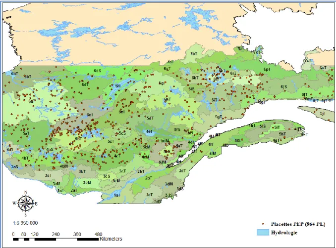 Figure 2. Carte du Québec méridional montrant la répartition des 964 placettes PEP  retenues, par sous-région écologique