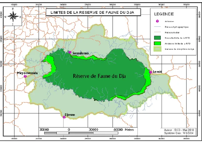 Figure 2: Limites de la réserve de faune et de la réserve de biosphère du Dja (source : MINFOF, 2015) 