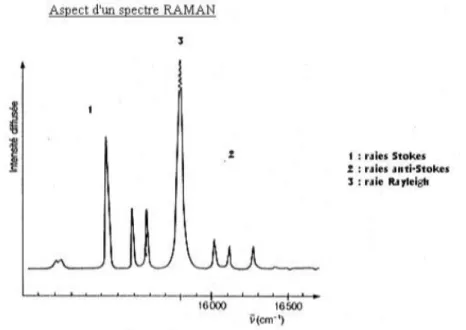Figure 24 : Spectre RAMAN avec les raies Stokes, Anti-Stokes et Rayleigh. 