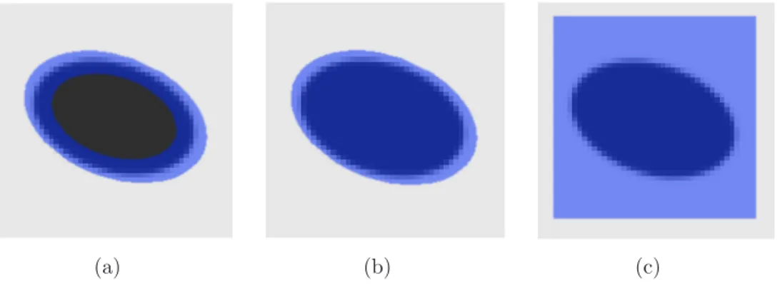Figure 2.20 – Il est possible d’estimer une ellipse duale à partir d’une région couvrant son contour (a), sa surface (b) ou même une fenêtre quelconque comprenant l’ellipse (c).