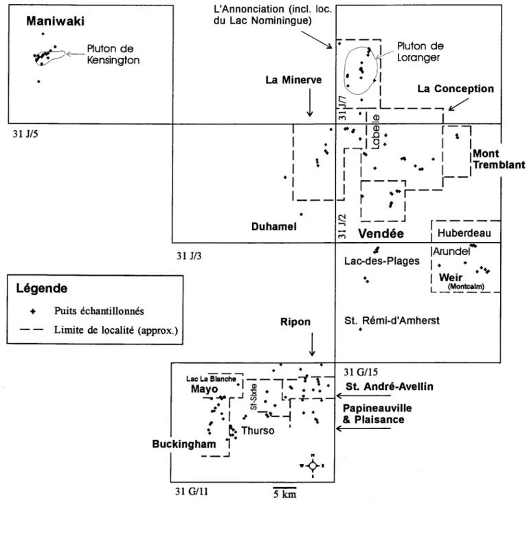 Figure  3:  Emplacement des  puits,  découpage  géographique  utilisé dans  les  regroupements  et  principales localités  mentionnées  dans  le  texte