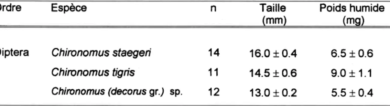 Tableau  2. Taille, poids humide (moyenne  + eneur-type)  et nombre d'individus  des trois espèces  de Chircnomus  étudiés.