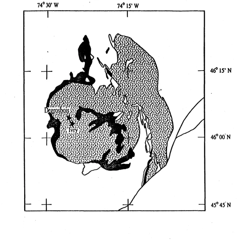 Figure 2:  Géologie simplifiée du  complexe de Morin avec localisation précise des gîtes de  Degrosbois  et  .Ivry