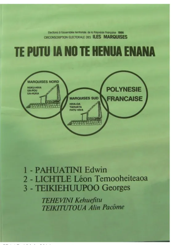Figure 3 : Profession de foi du parti marquisien Te putu ia no te Henua ‘Enana (1986) 