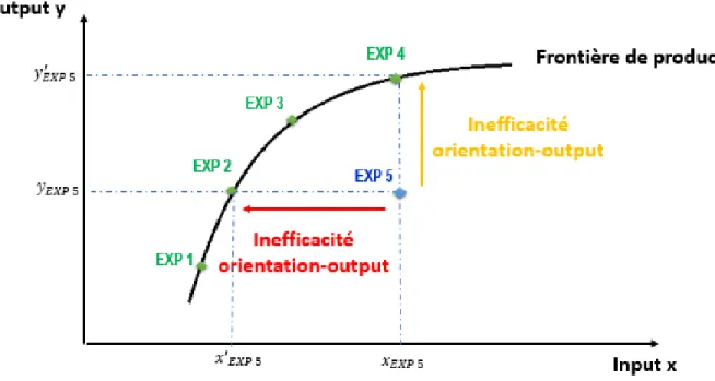 Figure 2 : Illustration graphique du concept d’efficacité à partir d’une fonction de  production (inputs orientés / outputs orientés) 