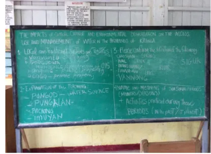 Figure 5 Interview questions written on a board during a focus  group  discussion  held  in  amongst  the  indigenous  peoples  of  Bagtayan  (Guinaang  subtribe)
