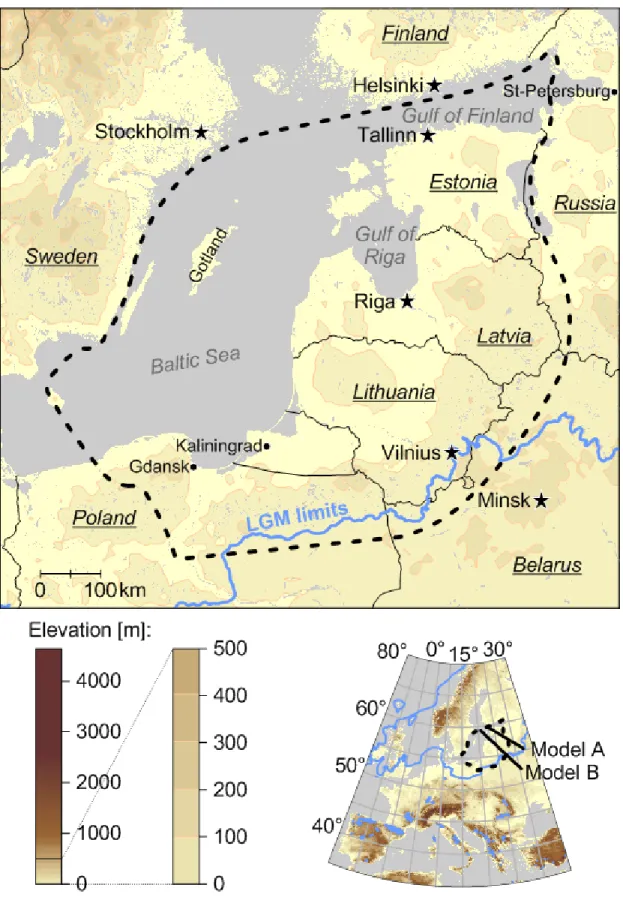 Figure 2 – Location of the Baltic Artesian Basin (in dotted lines). The blue line shows the  limits of the Fennoscandian ice-sheet during the LGM