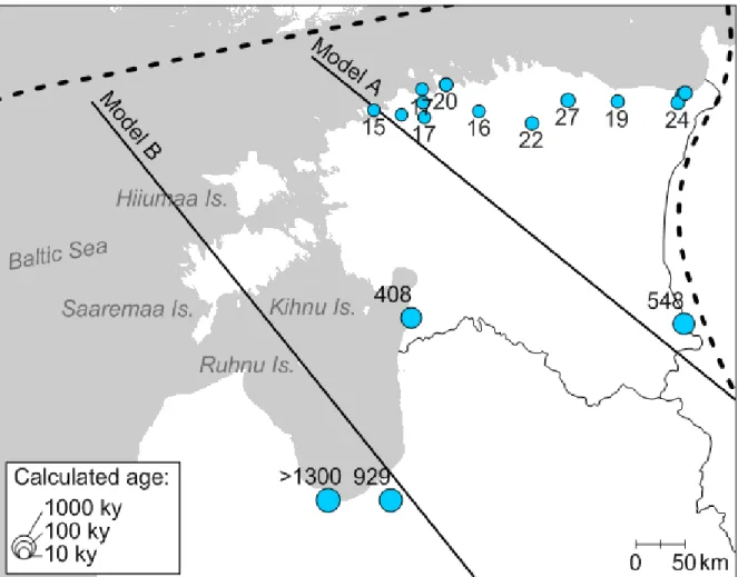 Figure 5 – Calculated ages in the northern BAB and location of models A and B.  Ages in  northern Estonia were calculated by Raidla et al