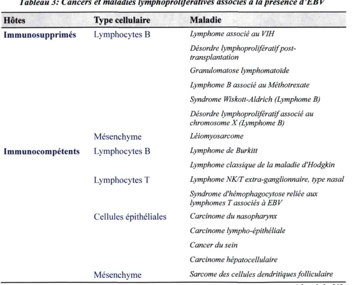 Tableau 3: Cancers et maladies lymphoprolifératives associés à la présence d'EBV 