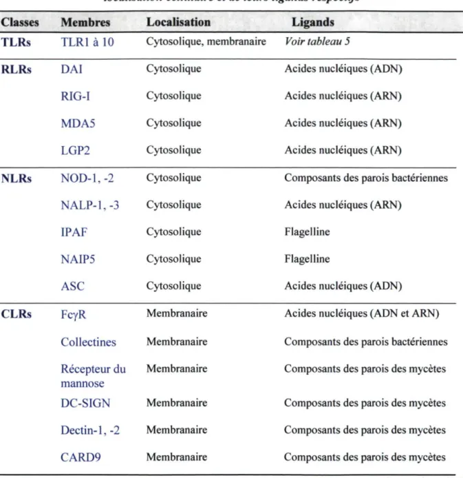 Tableau 4: Résumé des classes de récepteurs humains de l'immunité innée, de leur  localisation cellulaire et de leurs ligands respectifs 