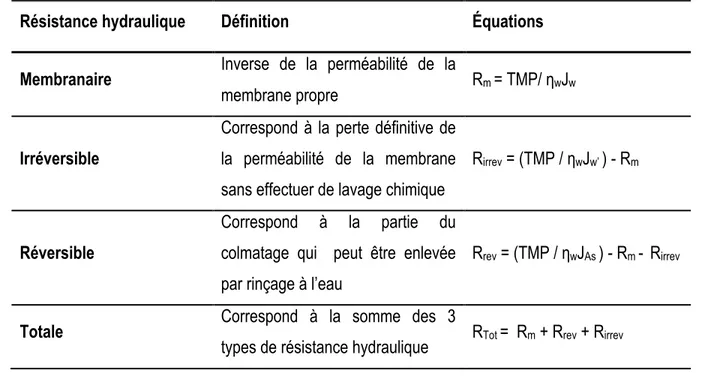 Tableau 2.2 : Définition des résistances hydrauliques 