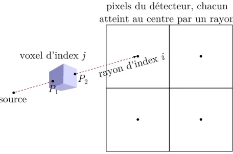Figure 1.6 – Modèle géométrique aux rayons fins. La distance d’intersection entre le rayon d’index i et le voxel d’index j est l ij = |P 1 − P 2 | ij 