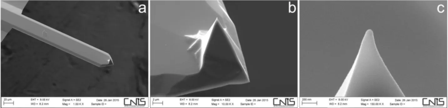 Figure 9 - Example of scanning electron micrographs of an AFM/MFM cantilever (a) with details of the  tip at different magnification (b and c, respectively)