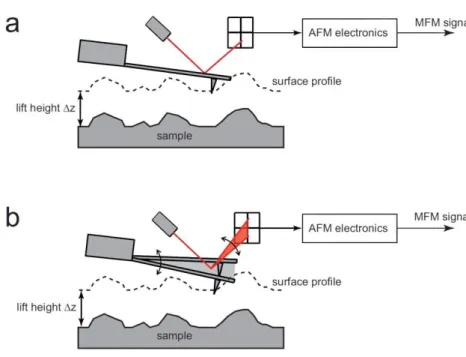 Figure 11 - Sketch of working principle of the second pass of static (a) and dynamic (b) MFM