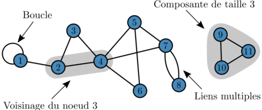 Figure 1.2 – Représentation d’un réseau non dirigé avec boucles et liens multiples.