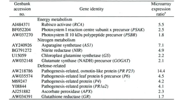 Table 2.3: Transcripts identified with cDNA microarrays showing up-regulation in tomato  plantlets under in vitro culture conditions, as compared to plantlets acclimatized ex vitro