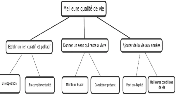 Figure 4. Perception des soins palliatifs : un moyen d’offrir une meilleure qualité de vie  Ainsi, l’objectif de l’exercice de la pratique infirmière serait d’atteindre ou de maintenir  la qualité de vie de la personne en prenant en compte les caractéristi