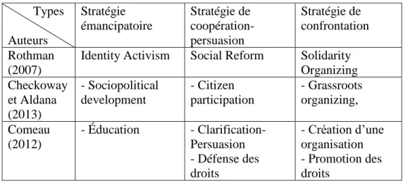 Tableau 3 : Croisement entre les classifications des auteurs et les stratégies proposées 