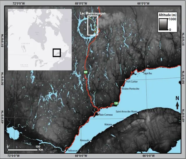 Figure 1 : Localisation du réservoir Manicouagan et de l’ancien lac Manicouagan. 