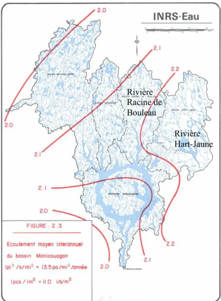 Figure  3  :  Bassin-versant  et  écoulement  moyen  interannuel  du  bassin  Manicouagan,  adapté  de  Jones  et  al.,  1973