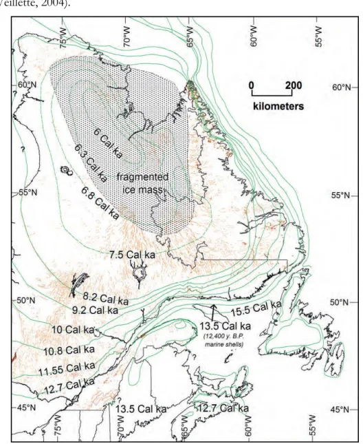 Figure  4  :  Modèle  du  retrait  du  front  glaciaire  de  l'Inlandsis  laurentidien,  au  Québec- Québec-Labrador, tiré de Occhietti et al