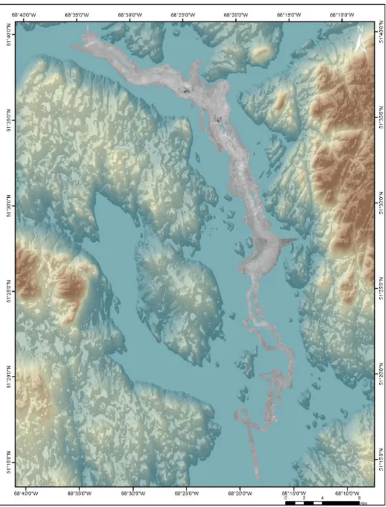 Figure 6: Couverture des données de rétrodiffusion acoustique, obtenues à l’été 2016, se  concentrant principalement sur les secteurs centre et nord du lac Manicouagan