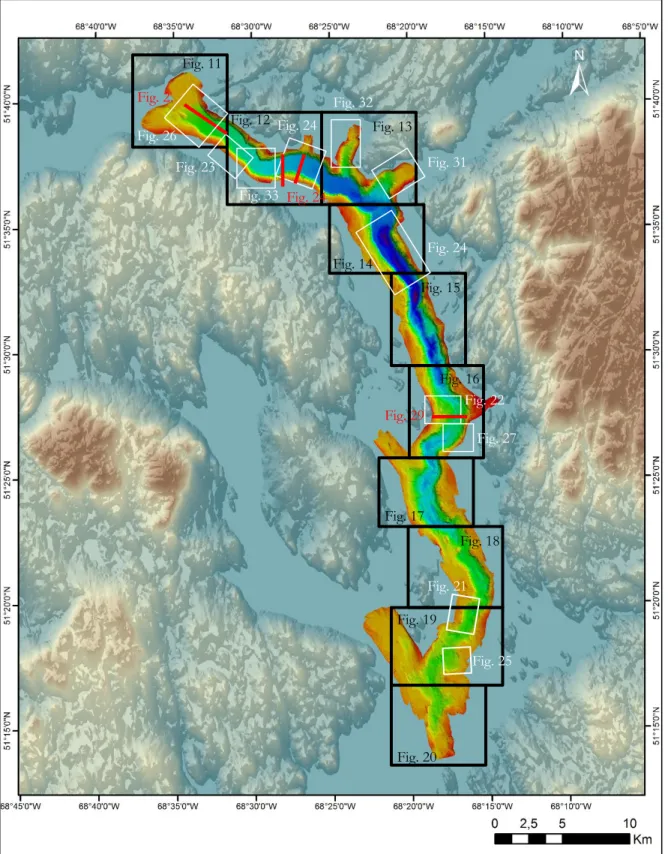 Figure 10 : Bathymétrie du lac Manicouagan et localisation des figures et profils. Noir : Image  bathymétrique  2D
