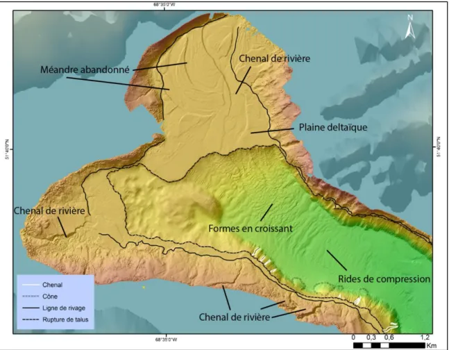Figure 11 : Carte bathymétrique (résolution de 3 m) du secteur nord présentant les  principales formes du lac Manicouagan (1/10)