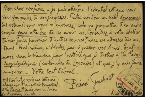 Figure 9 : Carte postale de Brinn'Gaubast à Silva Gaio datant de janvier 1895. 