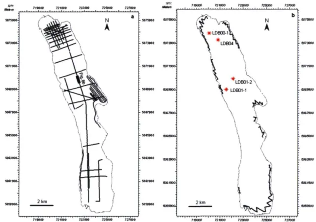 Figure 7. Carte de localisation des profils de sous-surface de a) 12 kHz et de b) 200 kHz; localisation  des carottes longues : LDB00-1 et LDB01-2 (Chapron et al., 2005), LDB01-1 (Arnaud et al., 2005)  LDB04 (Debret et al., 2010)