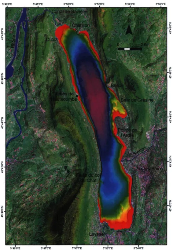 Figure 9. Bathymétrie multifaisceaux du lac du Bourget et localisation des éléments mentionnés dans  le texte