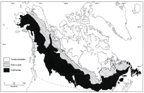 Figure 1. Répartition des trois zones de végétation qui composent la forêt boréale nord- nord-américaine (Payette 1992)