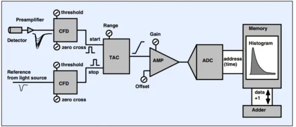 Figure 1.8  Architecture typique de l'électronique pour le comptage de photons corrélés en temps (TCSPC) [19].