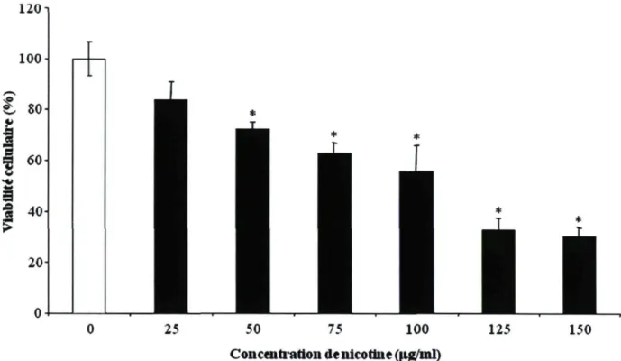 Figure 7b : Effets de concentrations croissantes de nicotine sur la viabilité des fibroblastes  gingivaux humains HGF-1