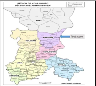 Figure 1 : Carte de la région de Koulikoro avec indication de la commune de Toubacoro dans le cercle de  Banamba 