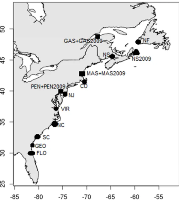 Fig. 1 Location map of the 13 sampling sites where American glass eels were collected for this study