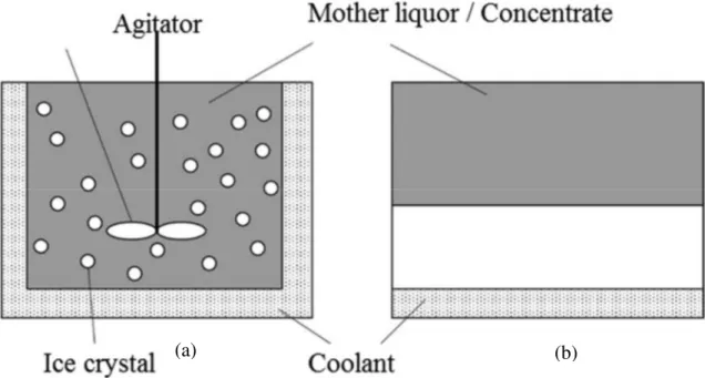 Figure 1.5: Illustration de (a) cryoconcentration de la suspension, (b) cryoconcentration  par congélation progressive (Samsuri et al., 2016) 