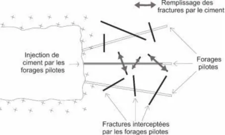 Figure 2.7. Vue en plan de la méthode de cimentation par forages pilotes en éventail (figure modifiée de  Hernqvist &amp; al., 2008) 