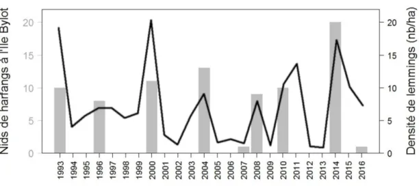 Figure  1.1.  Variations  dans  les  nombre  de  nids  de  harfangs  répertoriés  et  les  densités  de  lemmings (lemmings bruns et lemmings à colliers) à l’île Bylot dans le secteur du camp 1 et  de la rivière Oasis entre 1993 et 2016