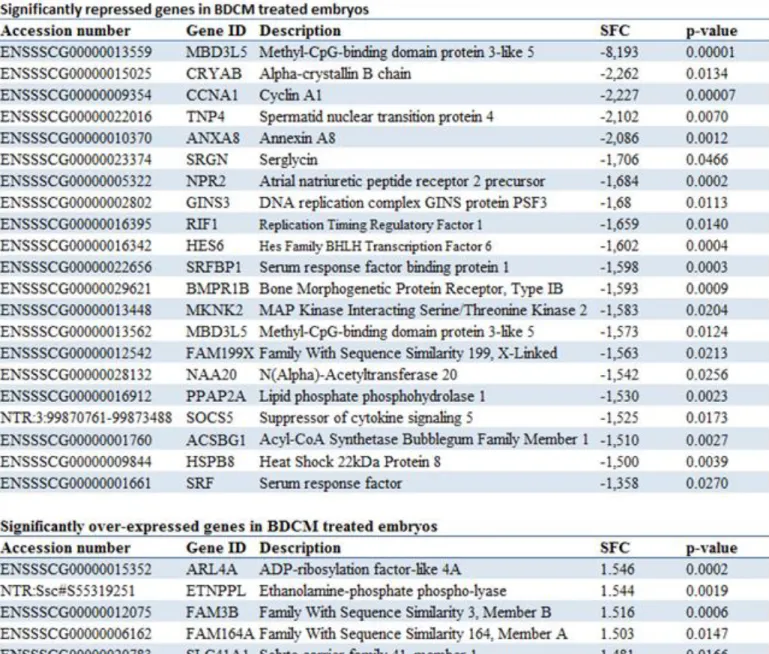 Table  2.11-2 Genes  significantly  affected  by  BDCM  10X  as  revealed  by  transcriptomic  microarray