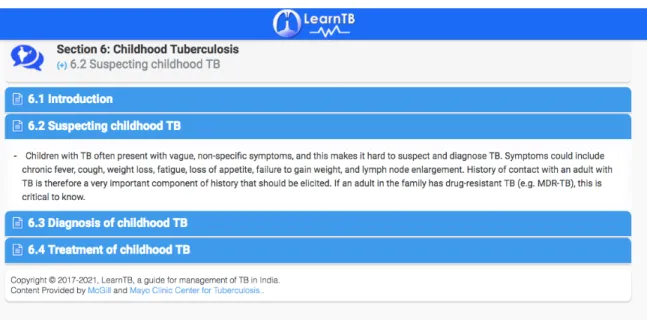 Figure 6: LearnTB application – subsections present in Section 6 “Childhood tuberculosis” 