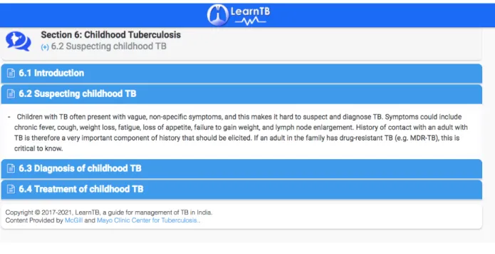 Figure 5: LearnTB application – subsections present in section 6 “Childhood tuberculosis”   