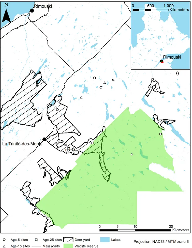 Figure 1. Study area and sites location in Bas-Saint-Laurent, Québec, Canada. 
