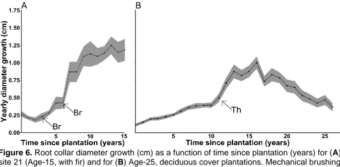 Figure 6. Root collar diameter growth (cm) as a function of time since plantation (years) for (A)  site 21 (Age-15, with fir) and for (B) Age-25, deciduous cover plantations